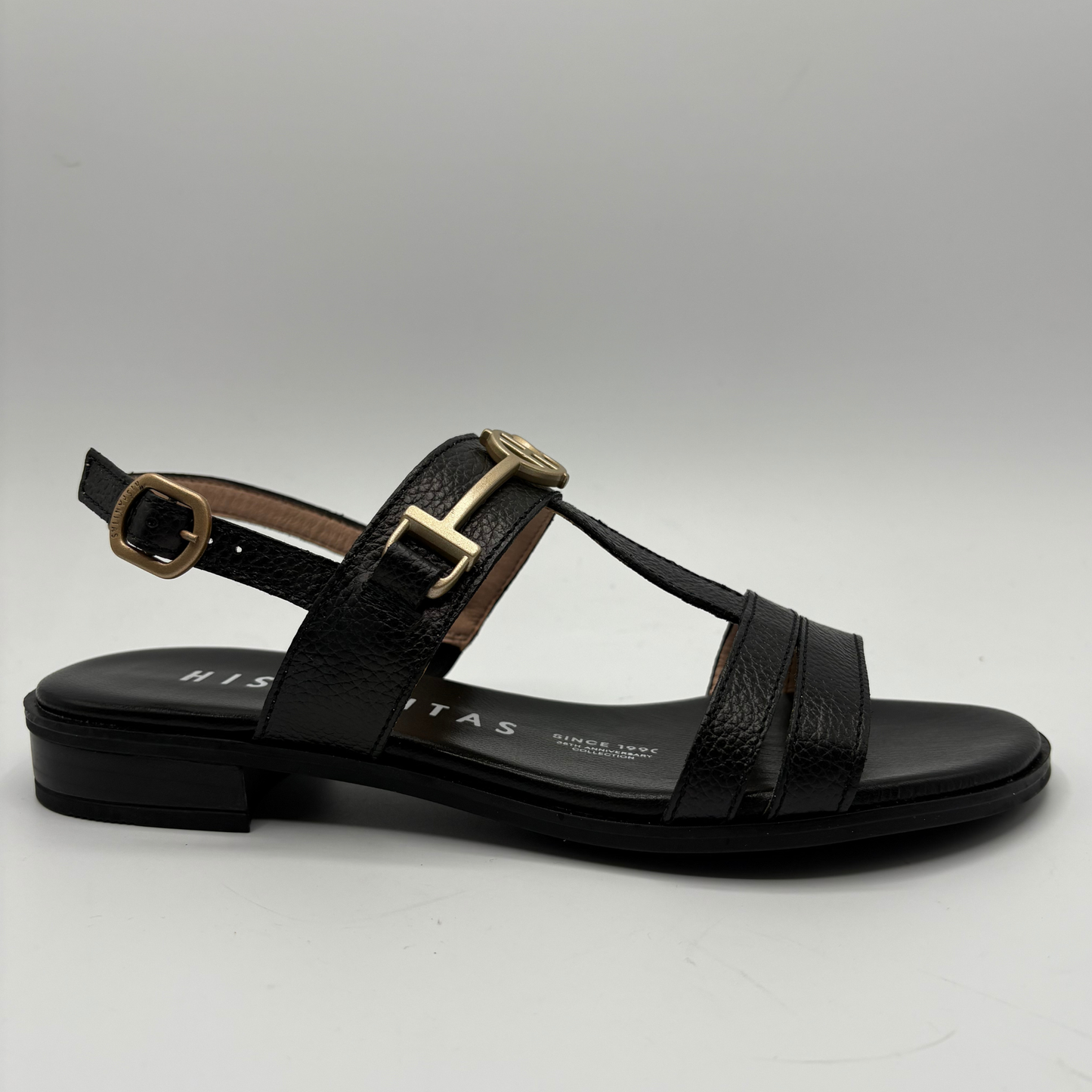 Black sandal with gold buckle on a gray background