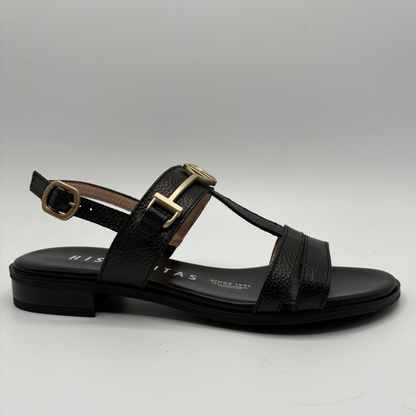 Black sandal with gold buckle on a gray background