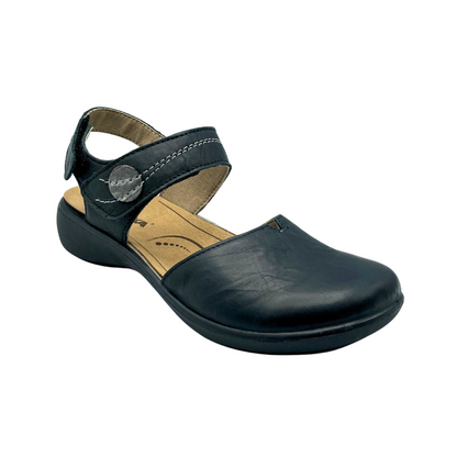 Angled front view of a closed toe walking sandal in black leather