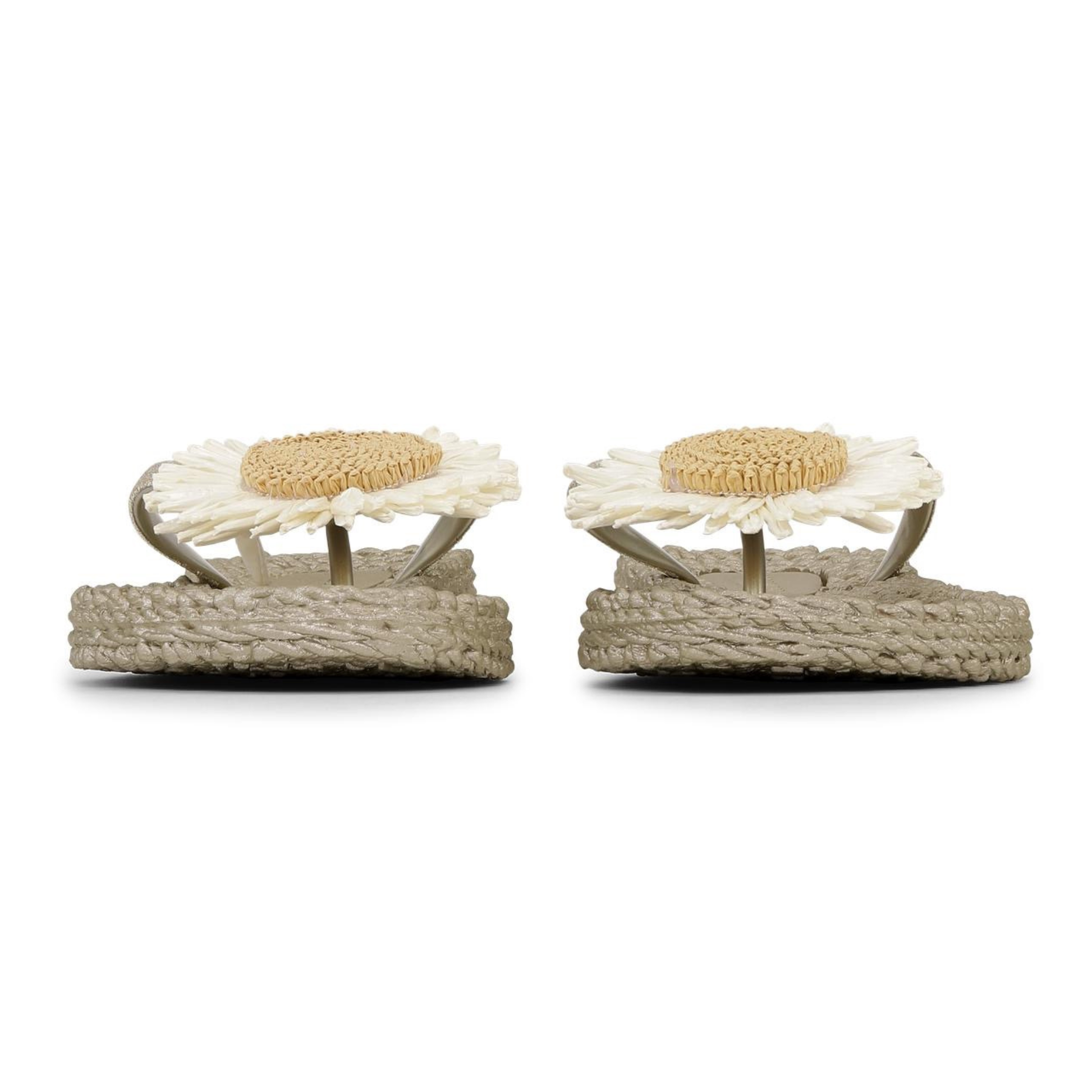 Pair of sandals with jute straps and floral decorations on a white background
