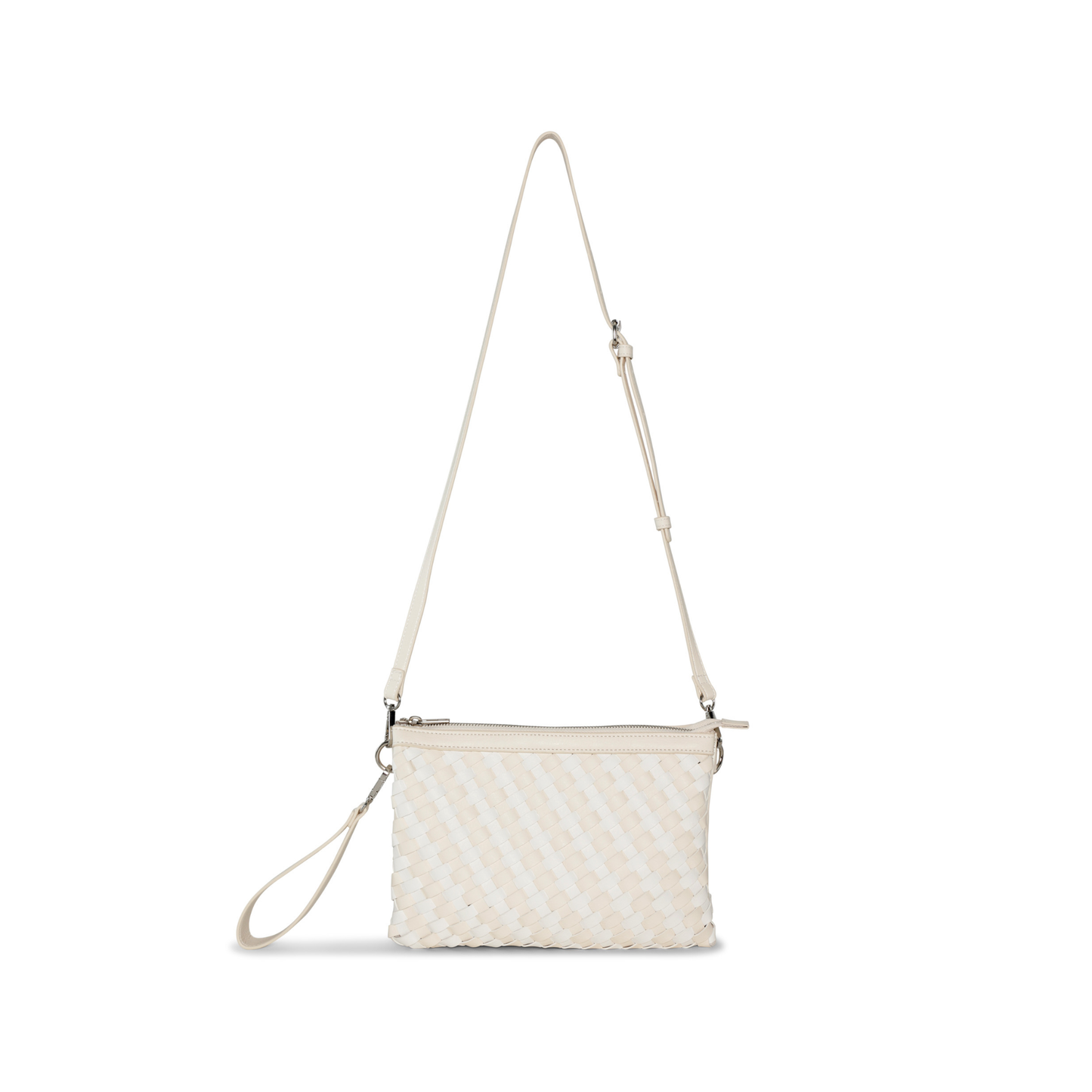Woven Ilse Jacobsen Crossbody Bag in cream, milk and white colours with a strap on a white background