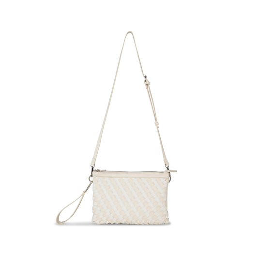 Woven Ilse Jacobsen Crossbody Bag in cream, milk and white colours with a strap on a white background