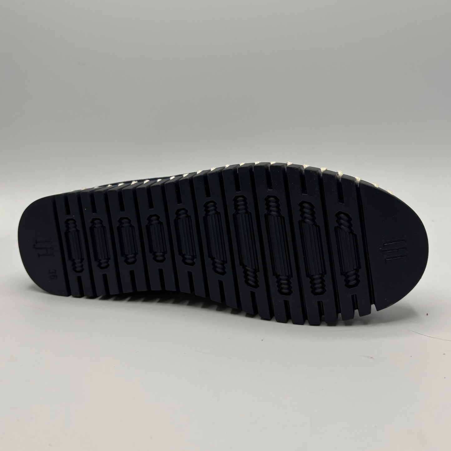 Black sole of a shoe on a gray background