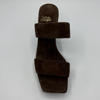 Brown suede sandal withJeffrey Campbell logo on a white background