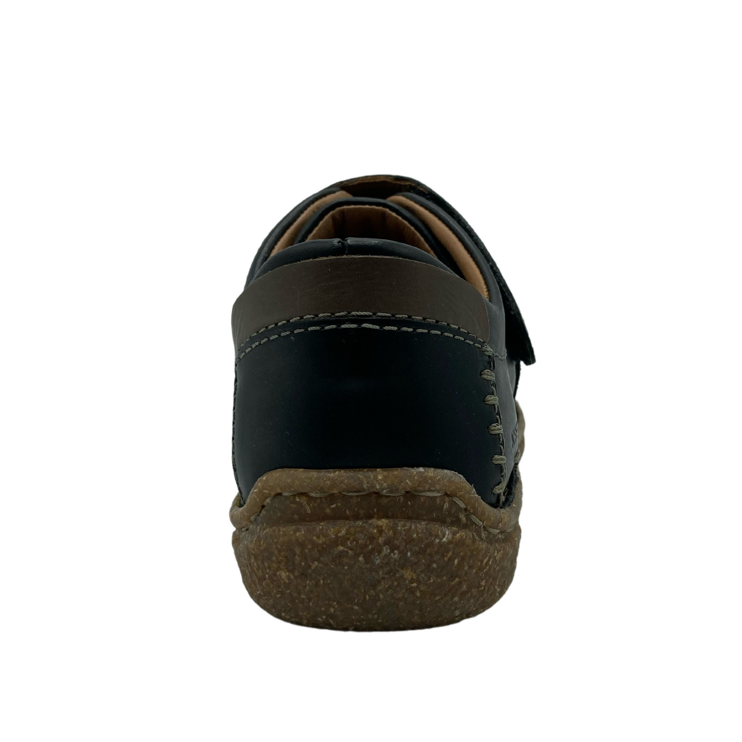 Back view of black and brown leather walking shoe with brown rubber sole
