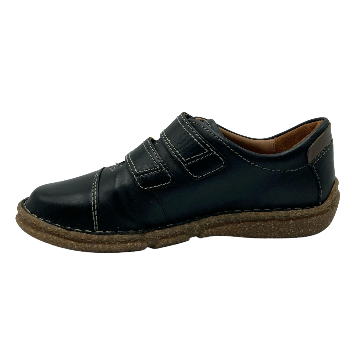 Left facing view of black leather walking shoe with double velcro  straps
