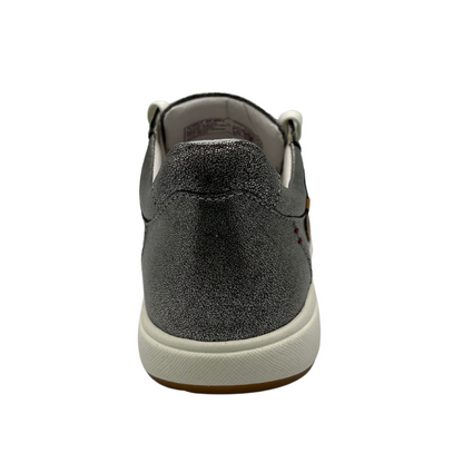 Back view of a platinum leather sneaker with white laces and a white rubber outsole. With a leather lining and perforated leather sides. 