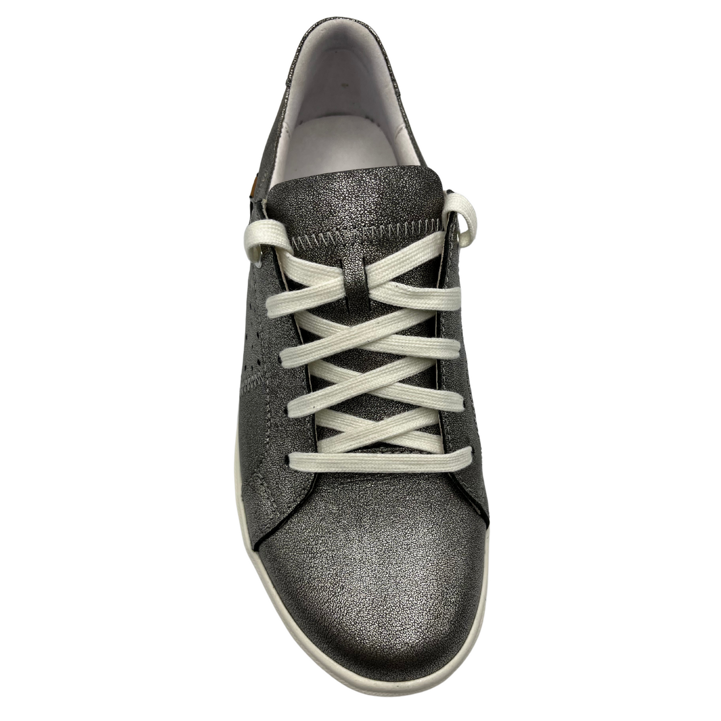 Top view of a platinum leather sneaker with white laces and a white rubber outsole. With a leather lining and perforated leather sides. 