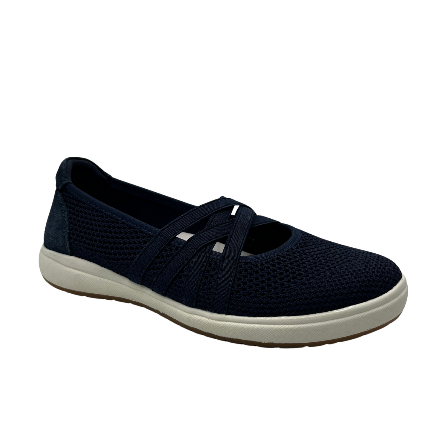 Angled view of a navy mesh sneaker with elasticated straps, suede heel cap and white rubber outsole.