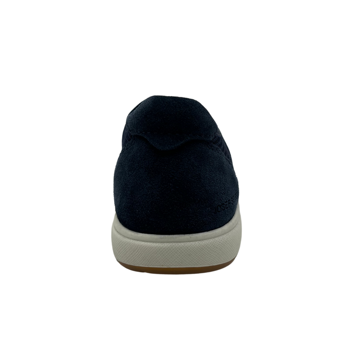 Back view of a navy mesh sneaker with elasticated straps, suede heel cap and white rubber outsole.