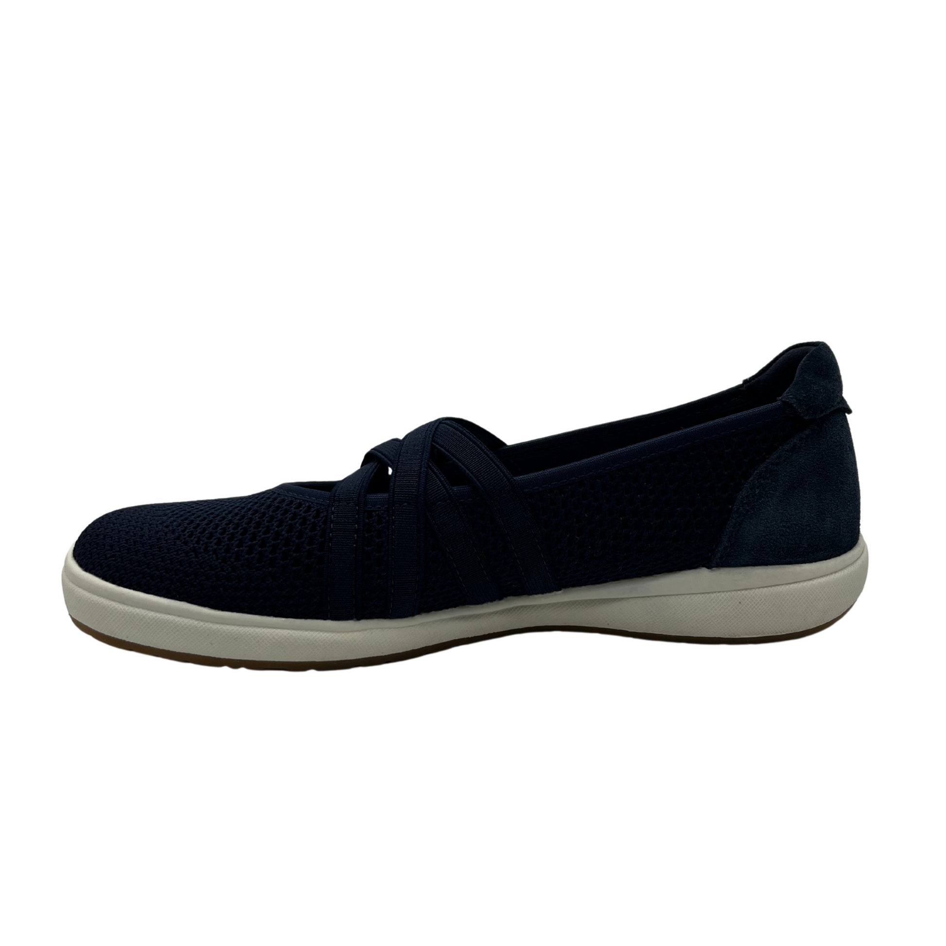 Left facing view of a navy mesh sneaker with elasticated straps, suede heel cap and white rubber outsole.