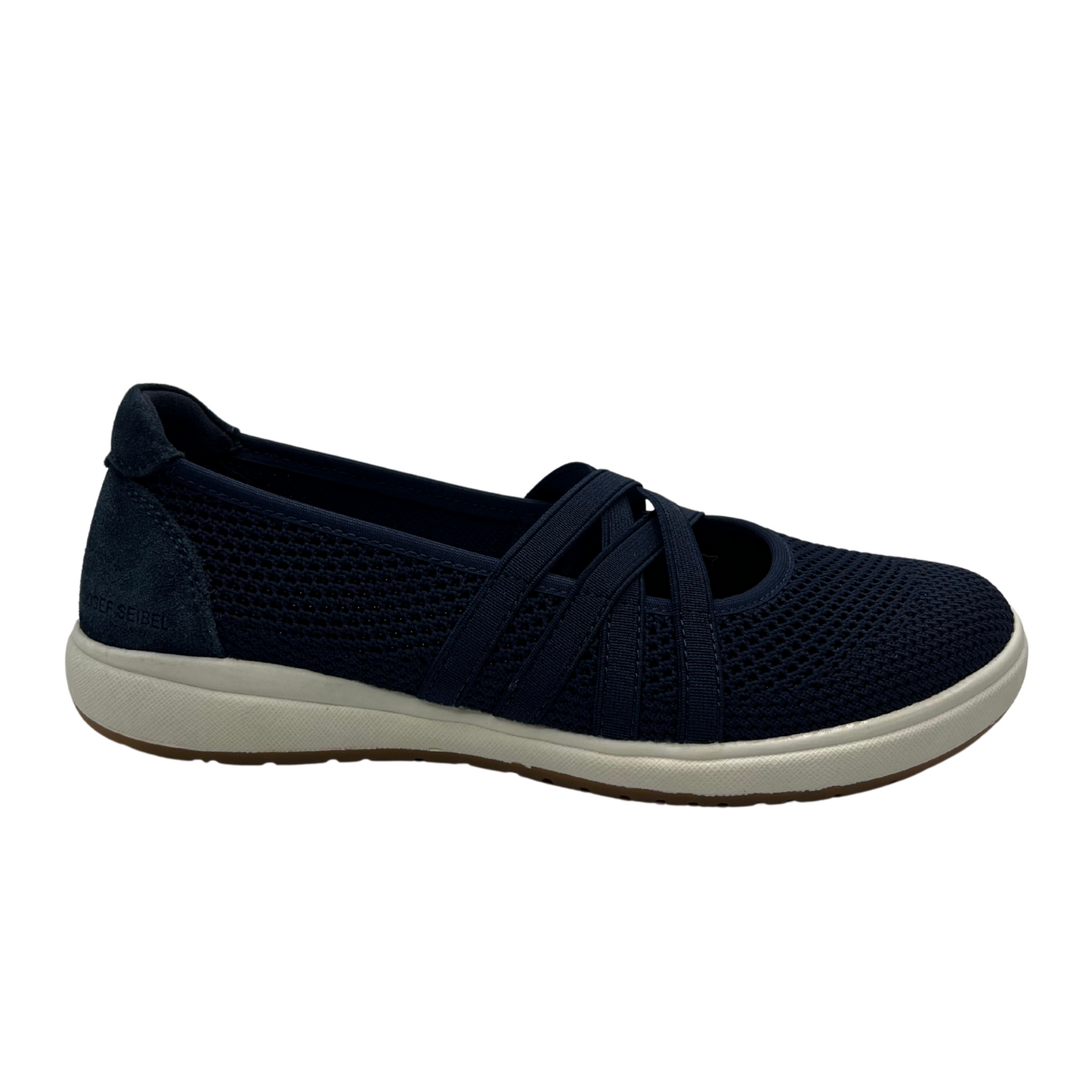 Right facing view of a navy mesh sneaker with elasticated straps, suede heel cap and white rubber outsole.