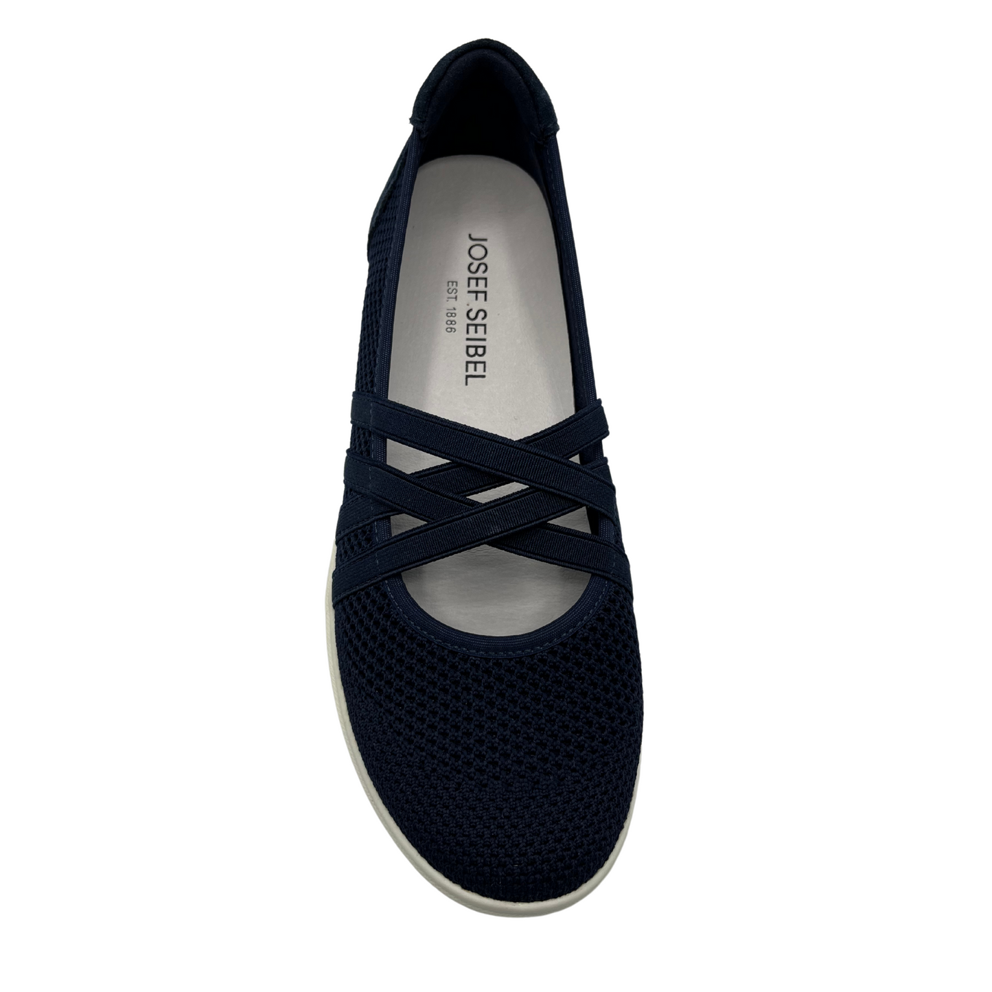 Top view of a navy mesh sneaker with elasticated straps, suede heel cap and white rubber outsole.