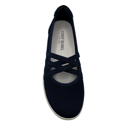 Top view of a navy mesh sneaker with elasticated straps, suede heel cap and white rubber outsole.