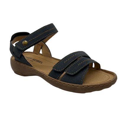 45 degree view of navy leather suede sandal with multiple adjustable straps and open toe