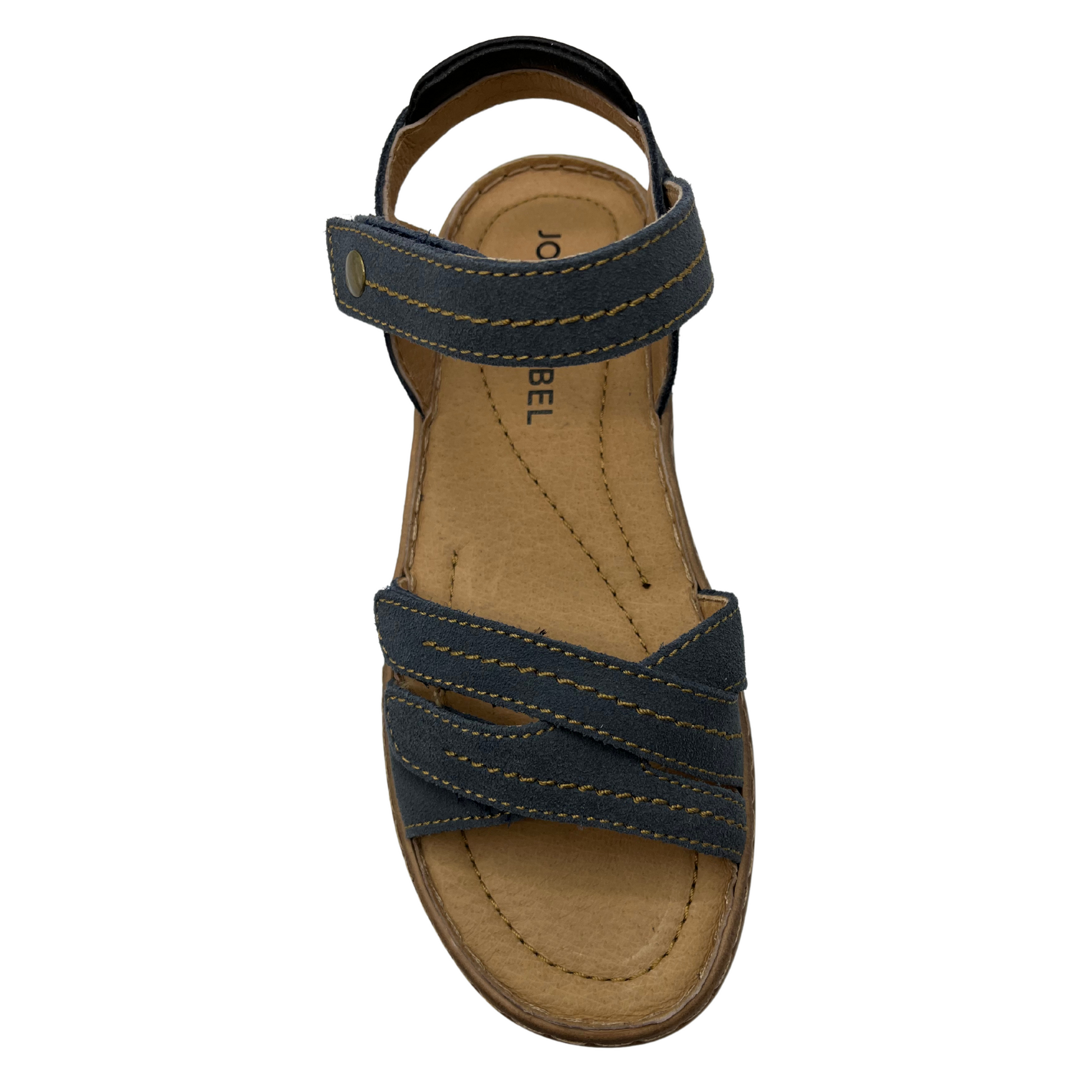 Top view of navy leather suede sandal with multiple adjustable straps and open toe