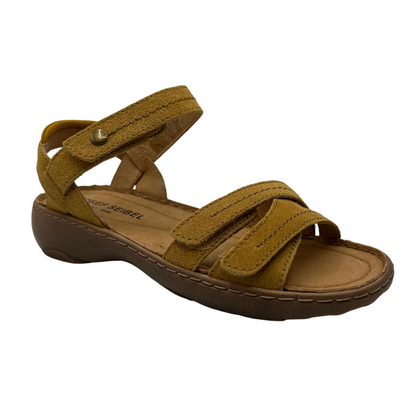45 degree angled view of tan leather suede sandal with multiple adjustable straps and open toe