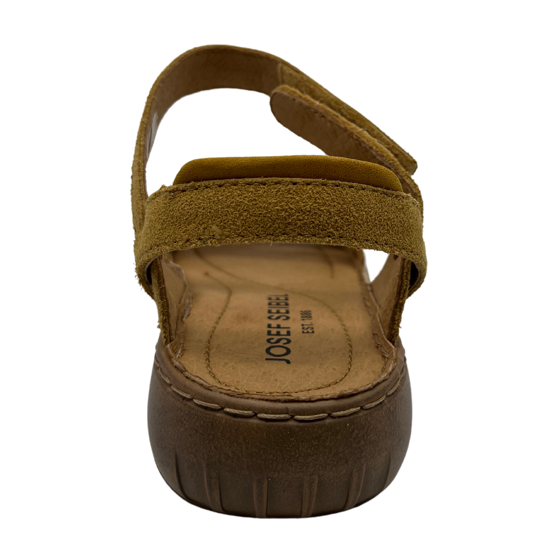 Back view of tan leather suede sandal with multiple adjustable straps and open toe
