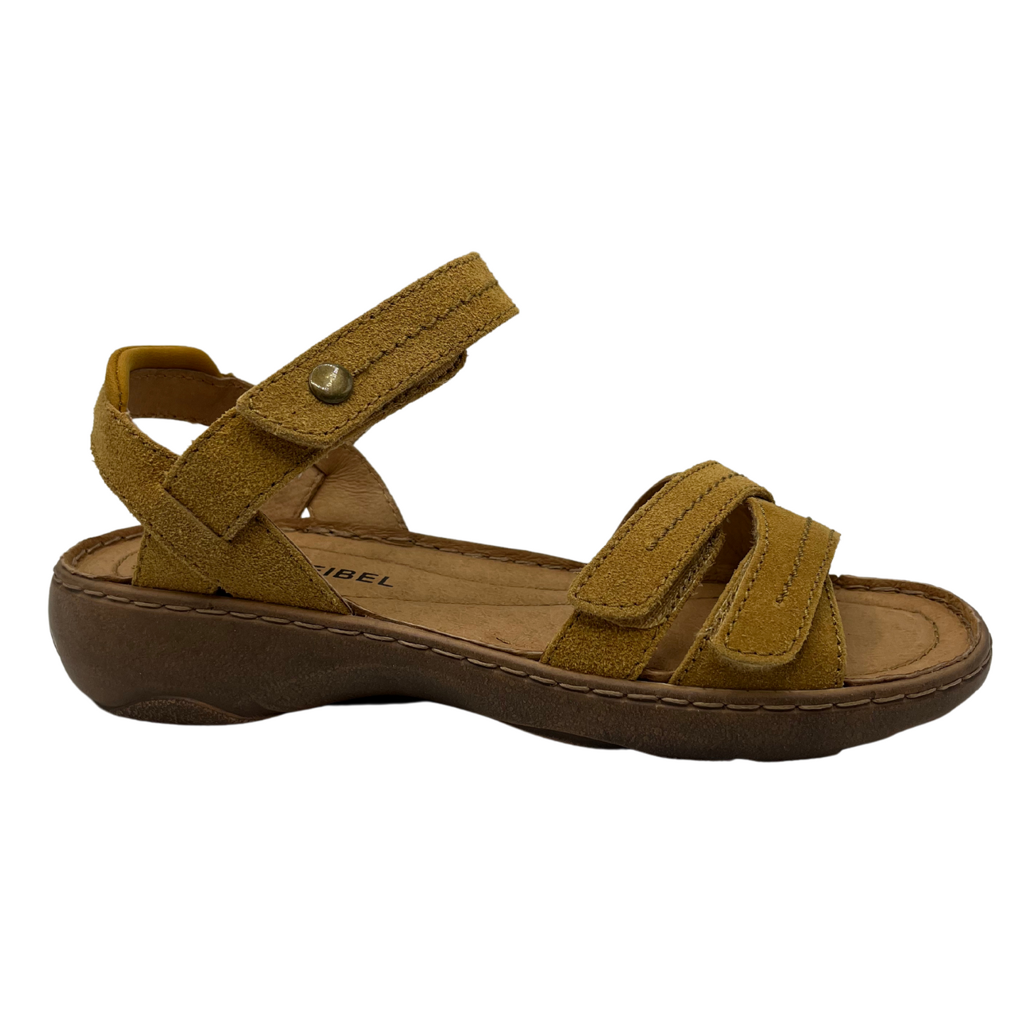 Right facing view of tan leather suede sandal with multiple adjustable straps and open toe