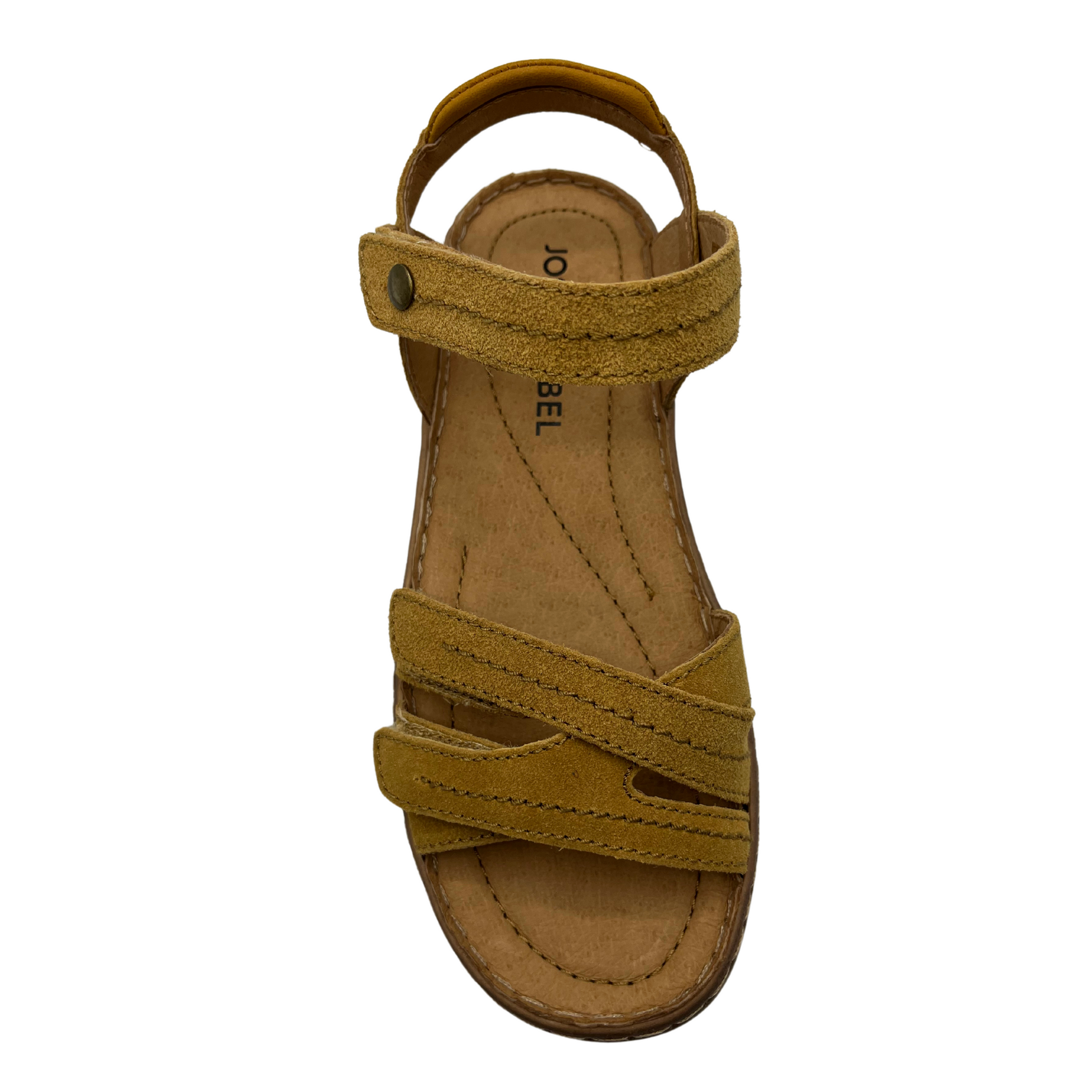 Top view of tan leather suede sandal with multiple adjustable straps and open toe