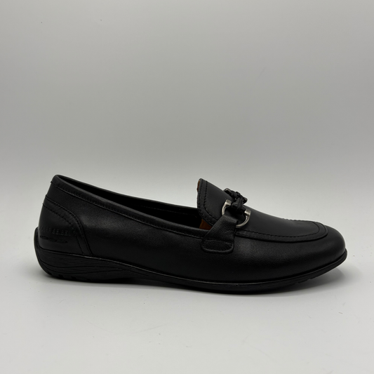 Black loafer shoe on a gray background
