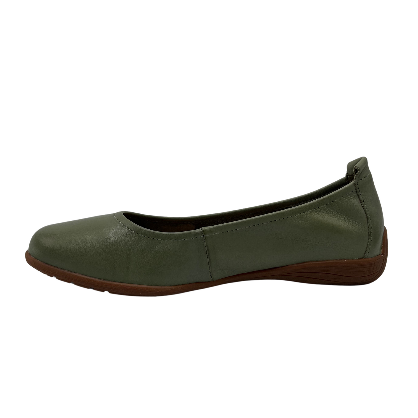 Left facing view of mint leather ballet flat with brown rubber outsole
