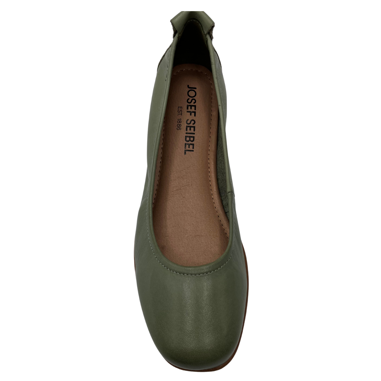 Top view of mint leather ballet flat with rounded toe and leather lining