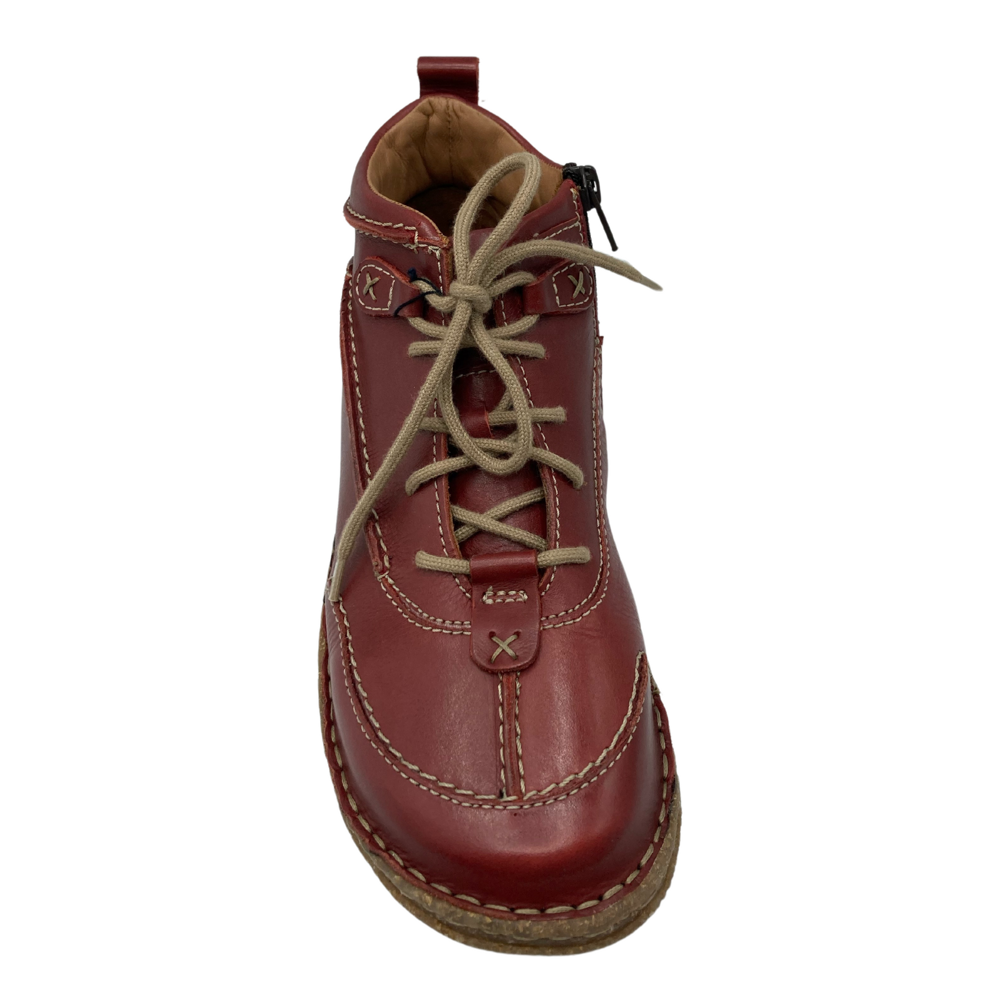 Top view of red leather shoe with tan laces