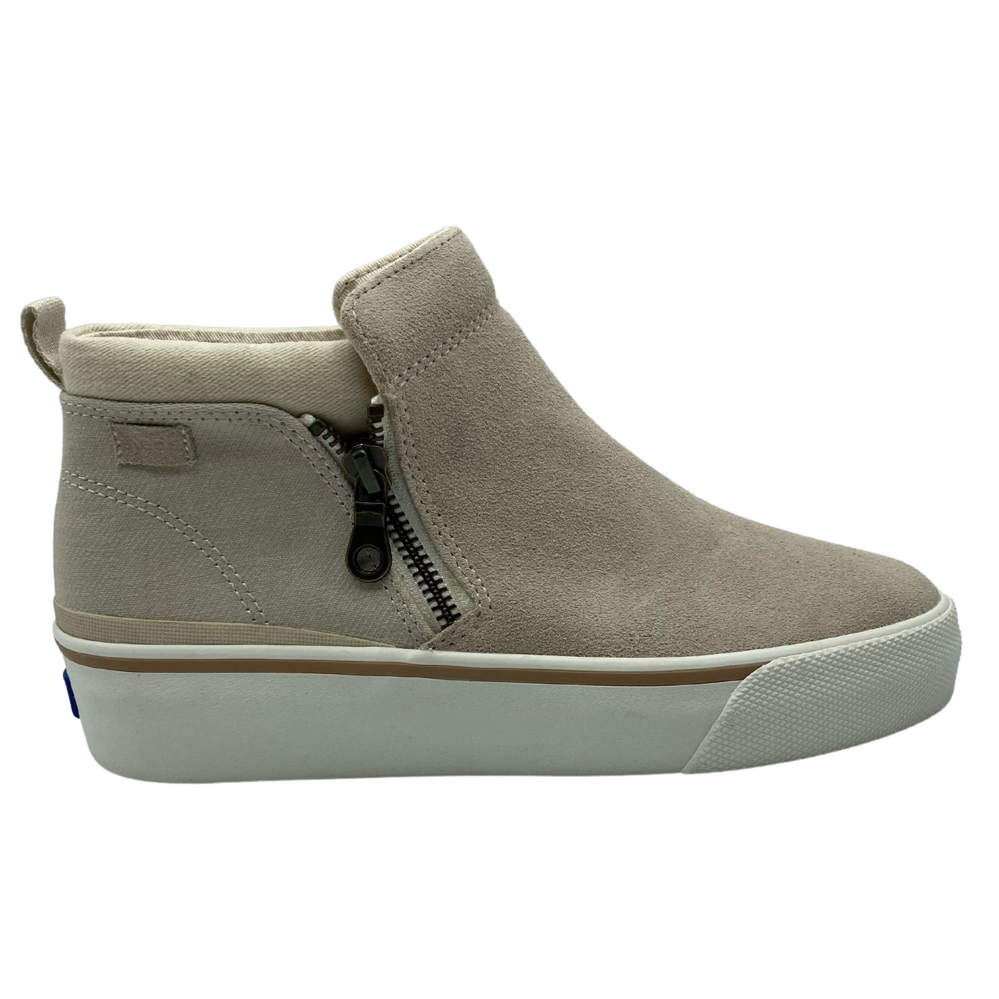 Right facing view of latte suede bootie with side zipper closure and white rubber outsole