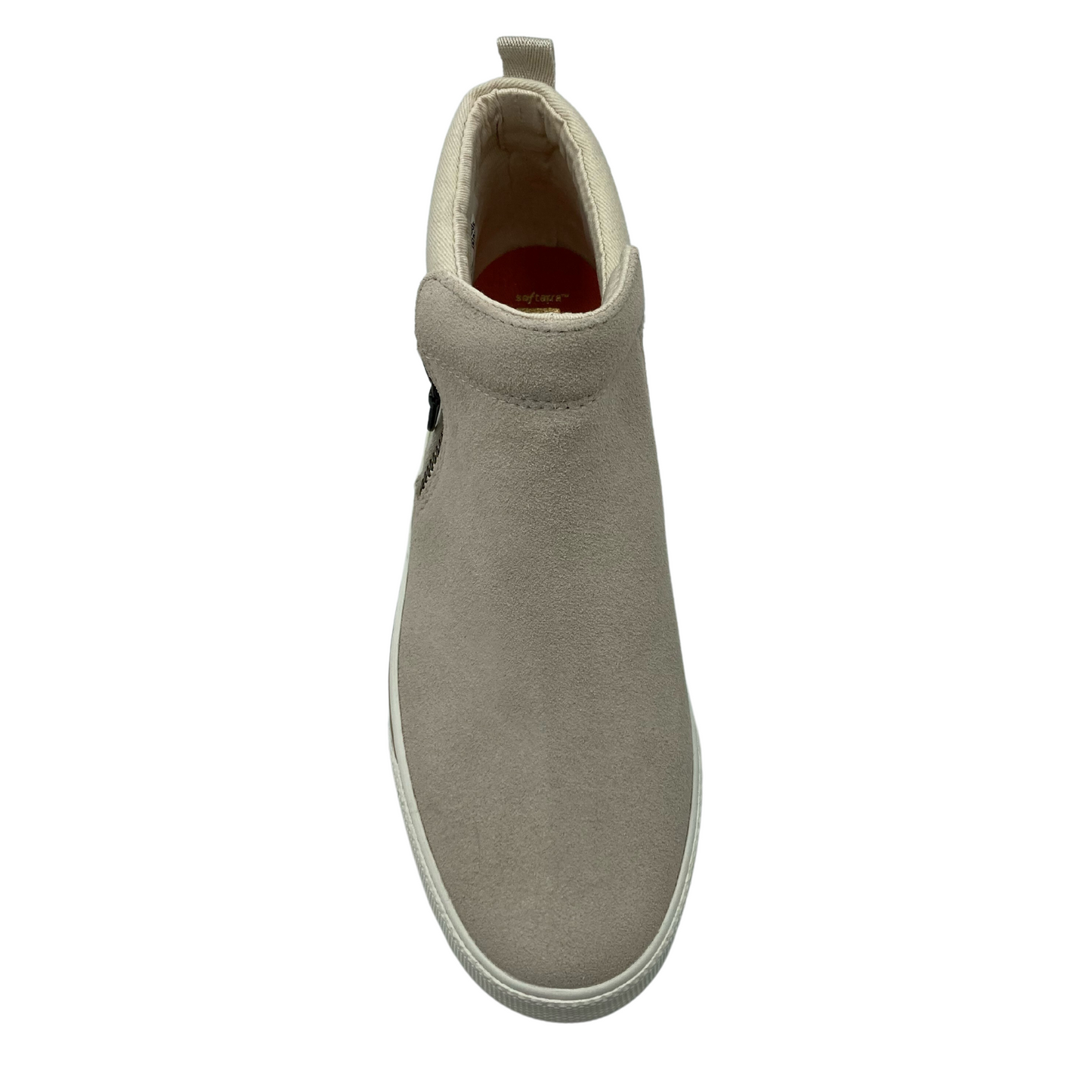 Top view of latte suede bootie with rounded toe and side zipper closure