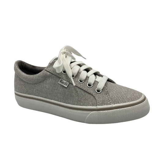 45 degree angled view of grey check canvas sneaker with white rubber outsole and white laces