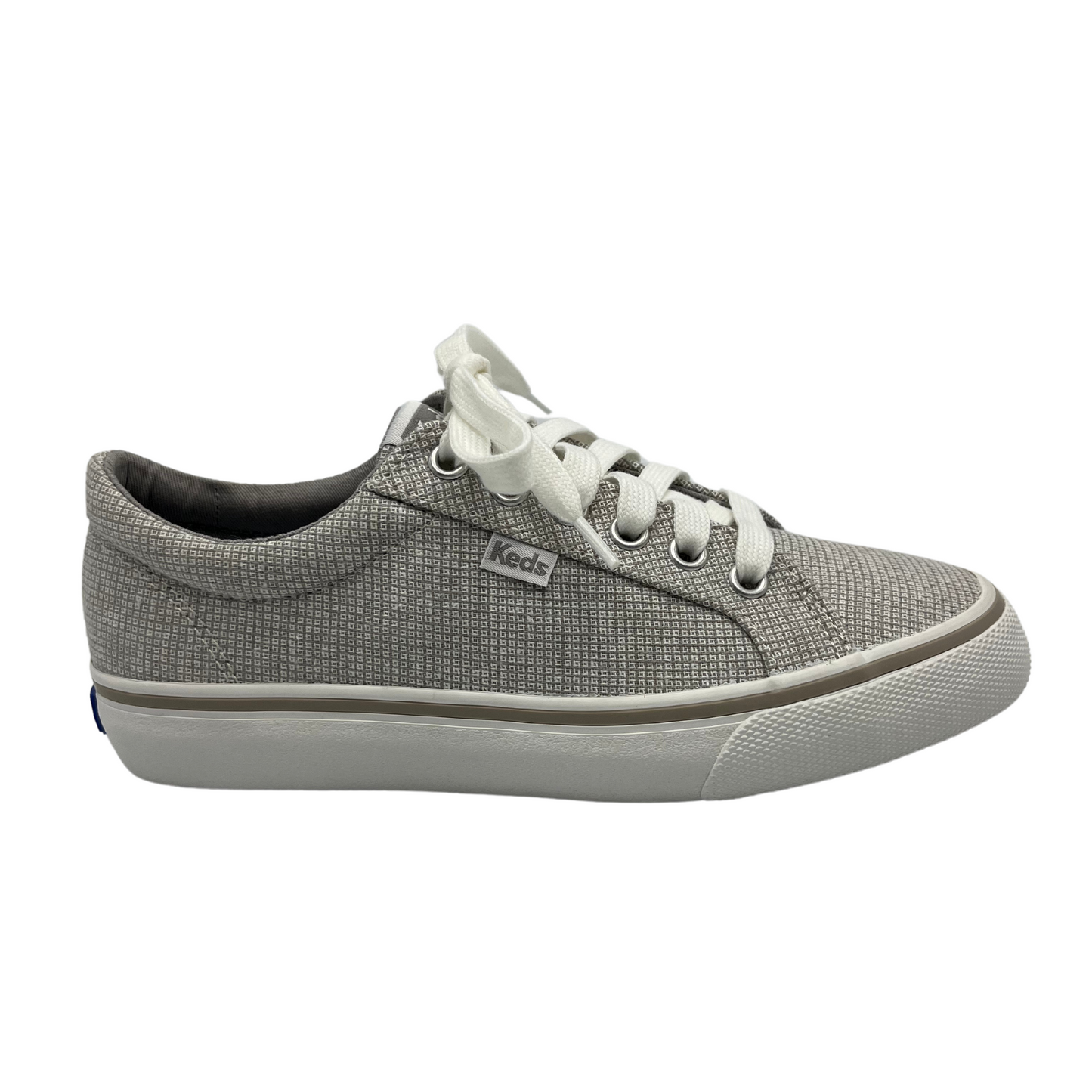 Right facing view of grey check canvas sneaker with white rubber outsole, white laces and padded collar