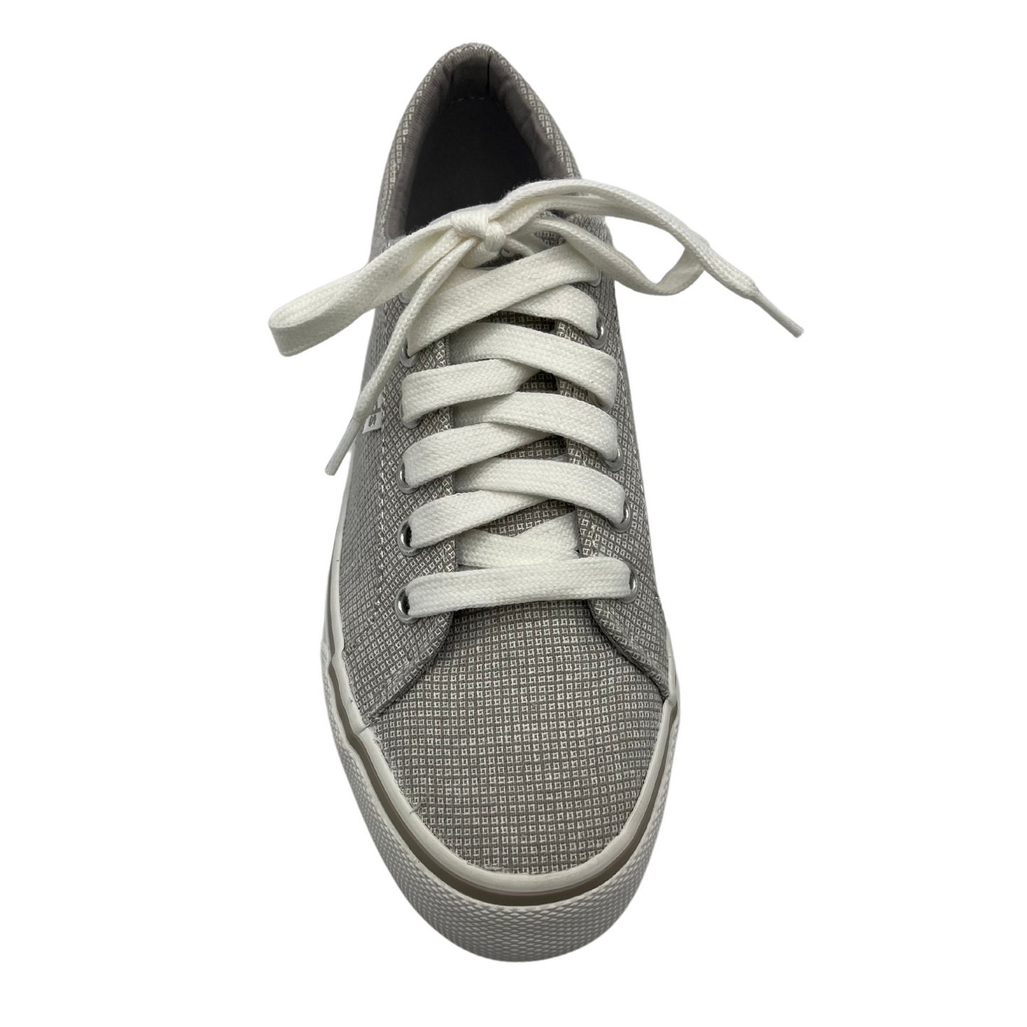 Top view of grey check canvas sneaker with white rubber outsole, white laces and padded collar