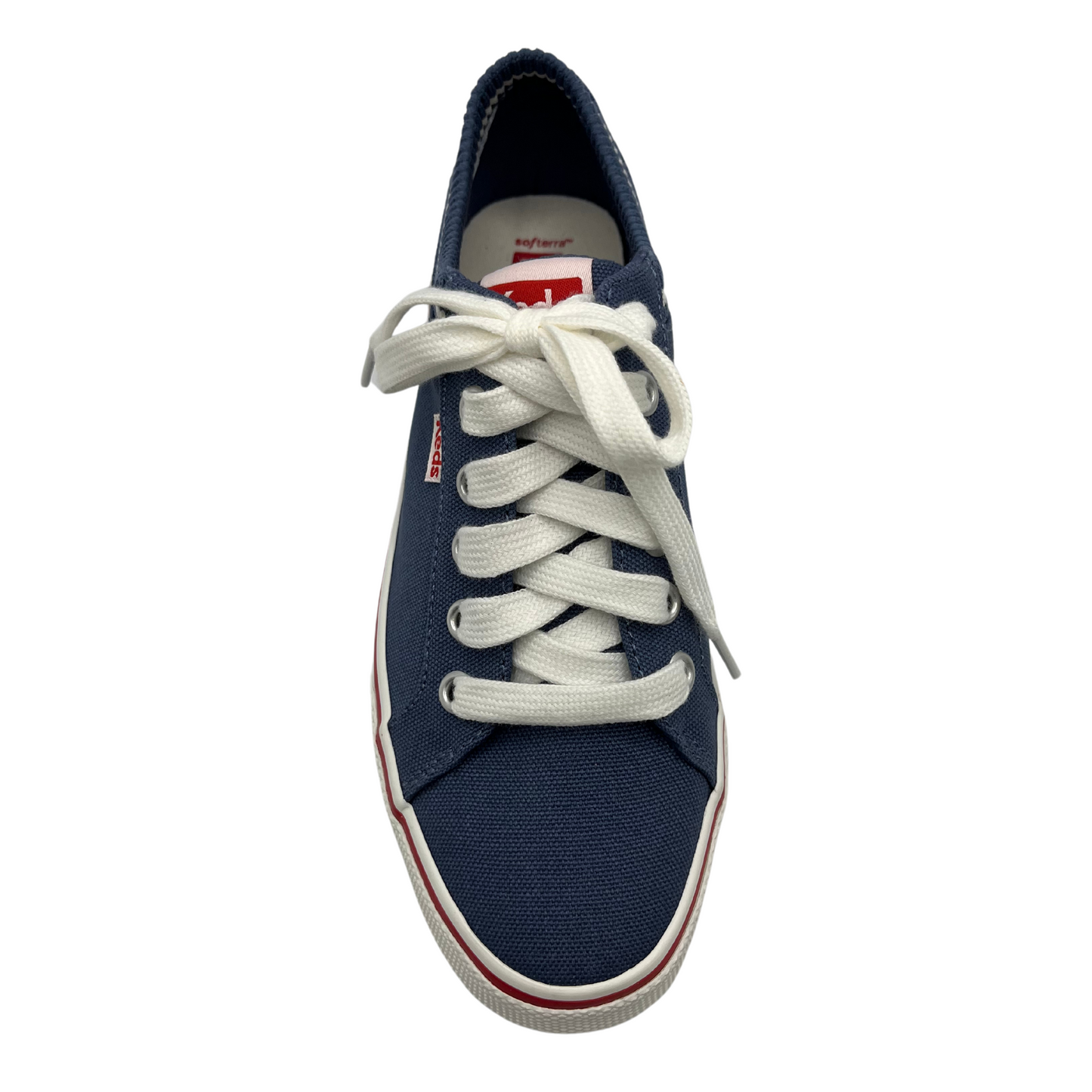 Top view of navy canvas shoes with sock opening, white laces and rubber outsole