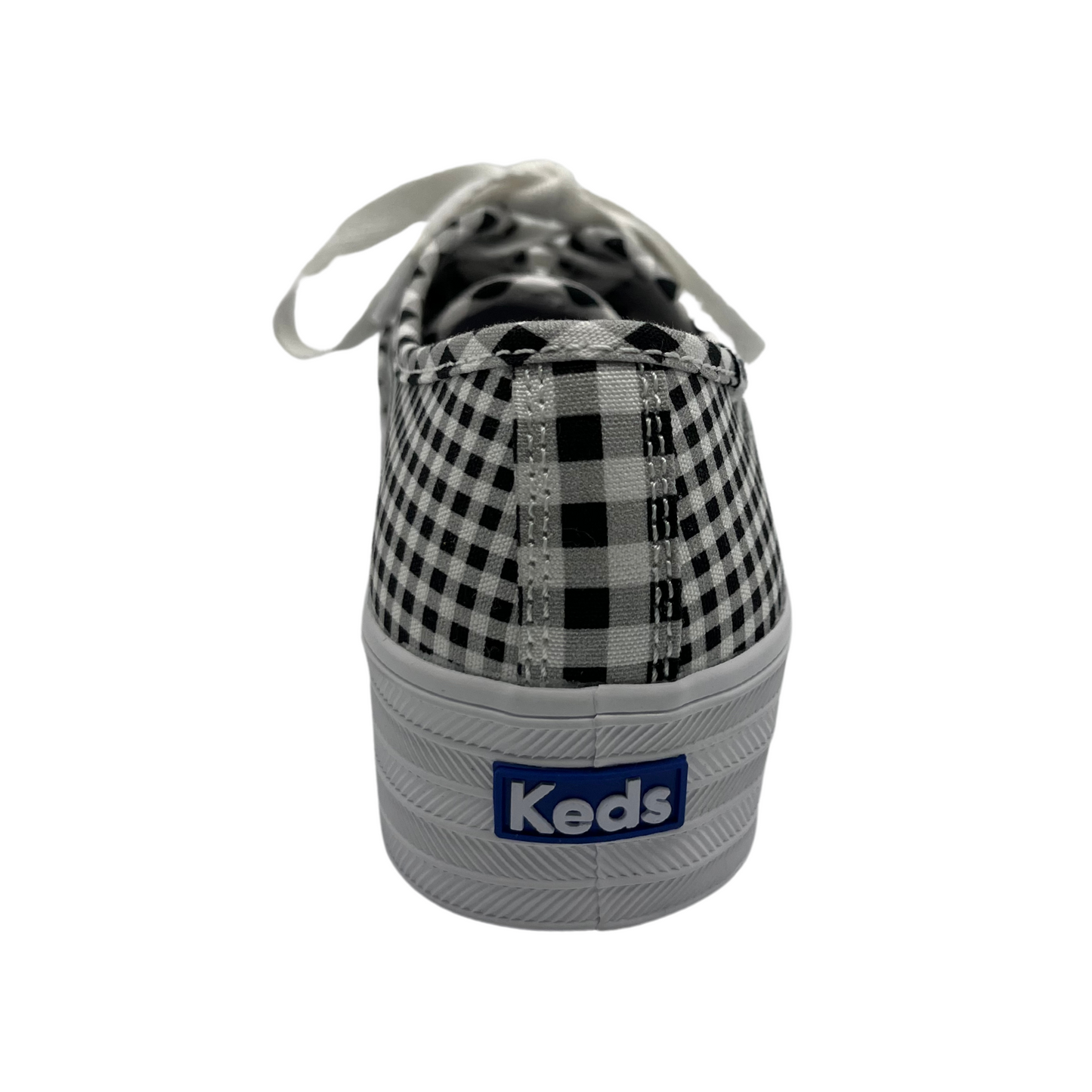 Back view of platform, pointed toe sneaker with white laces and black and white gingham design