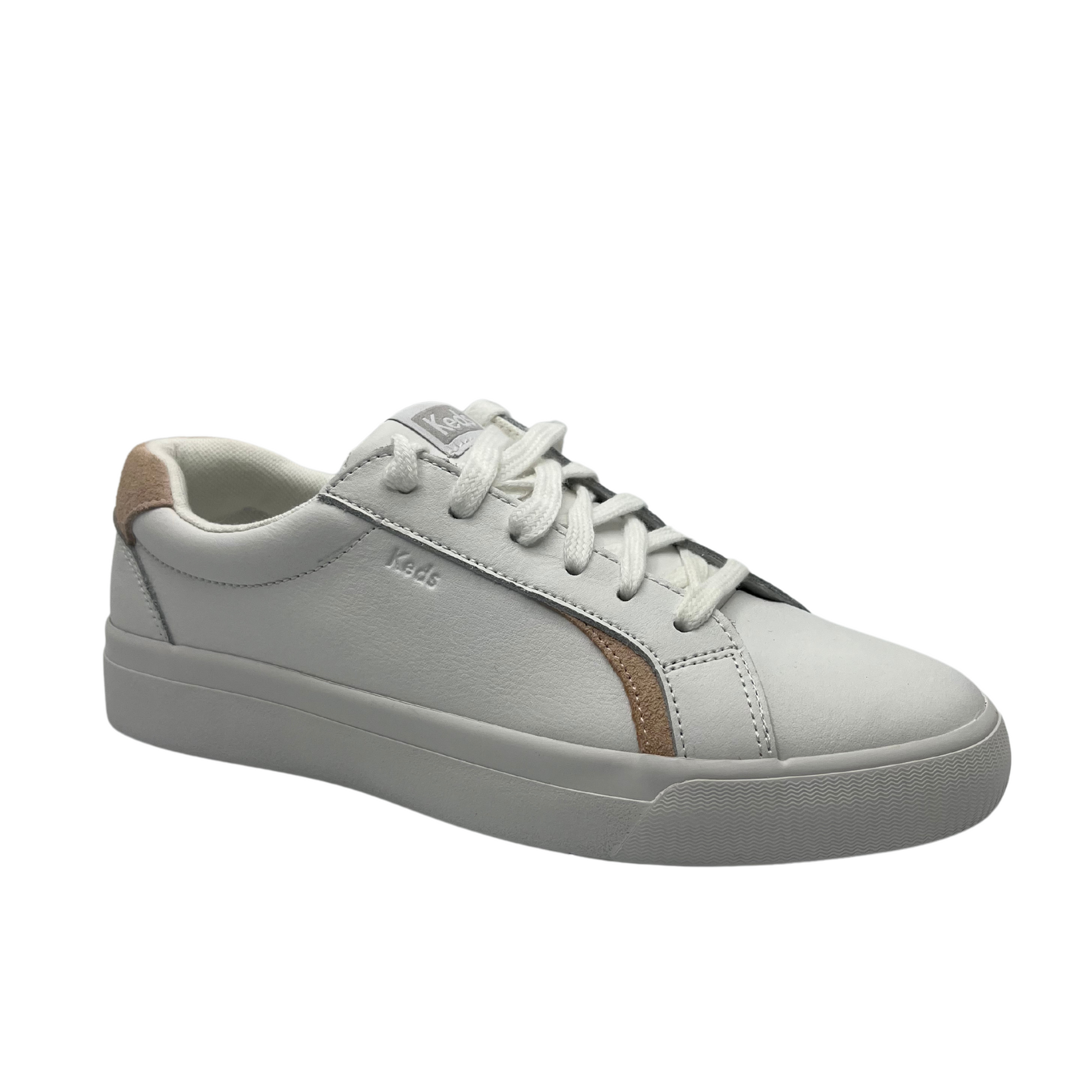 45 degree angled view of white leather sneaker with padded collar and tongue and white rubber outsole