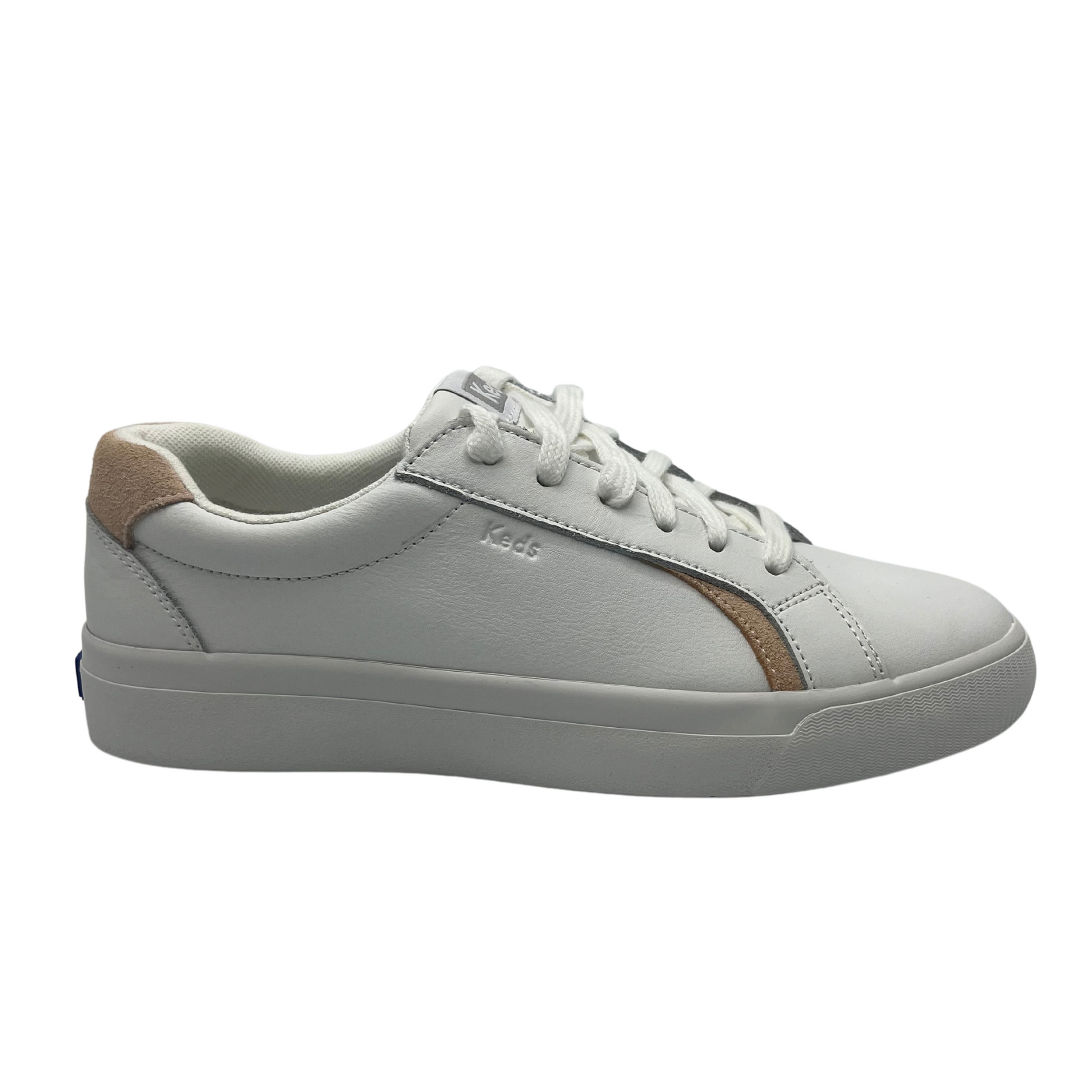 Right facing view of white leather sneaker with padded collar and tongue and white rubber outsole