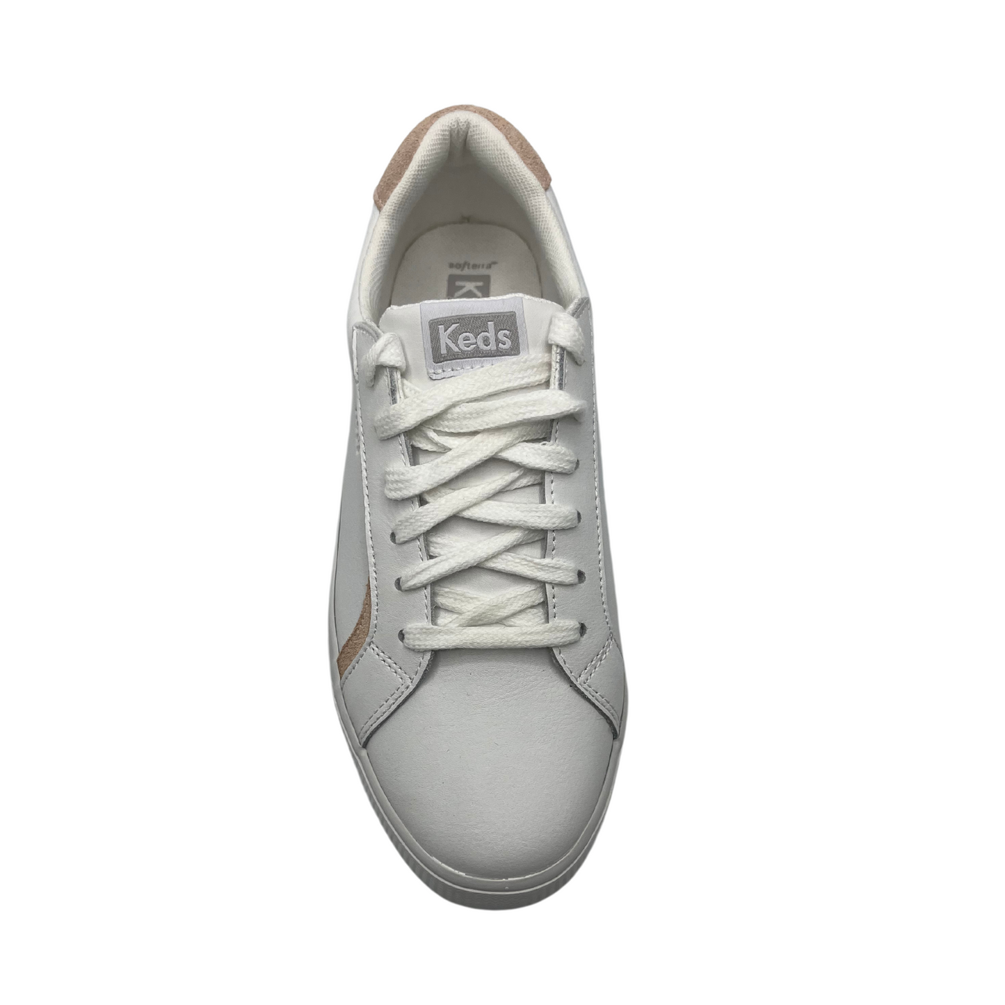 Top view of white leather sneaker with padded collar and tongue and white rubber outsole