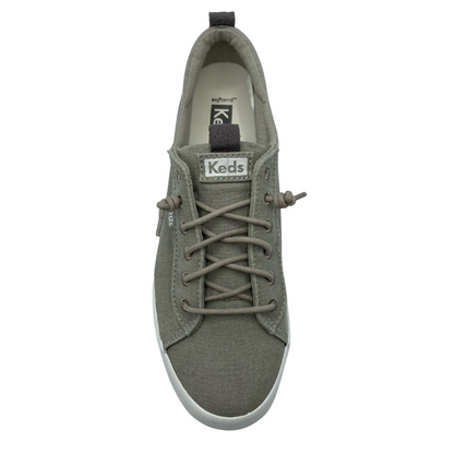 Top down view of the right sneaker with canvas upper and grey elastic laces