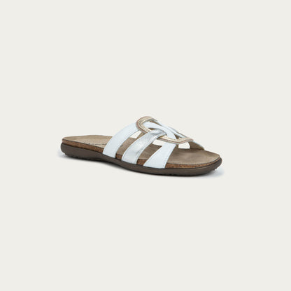 White sandal with brown sole on a light gray background