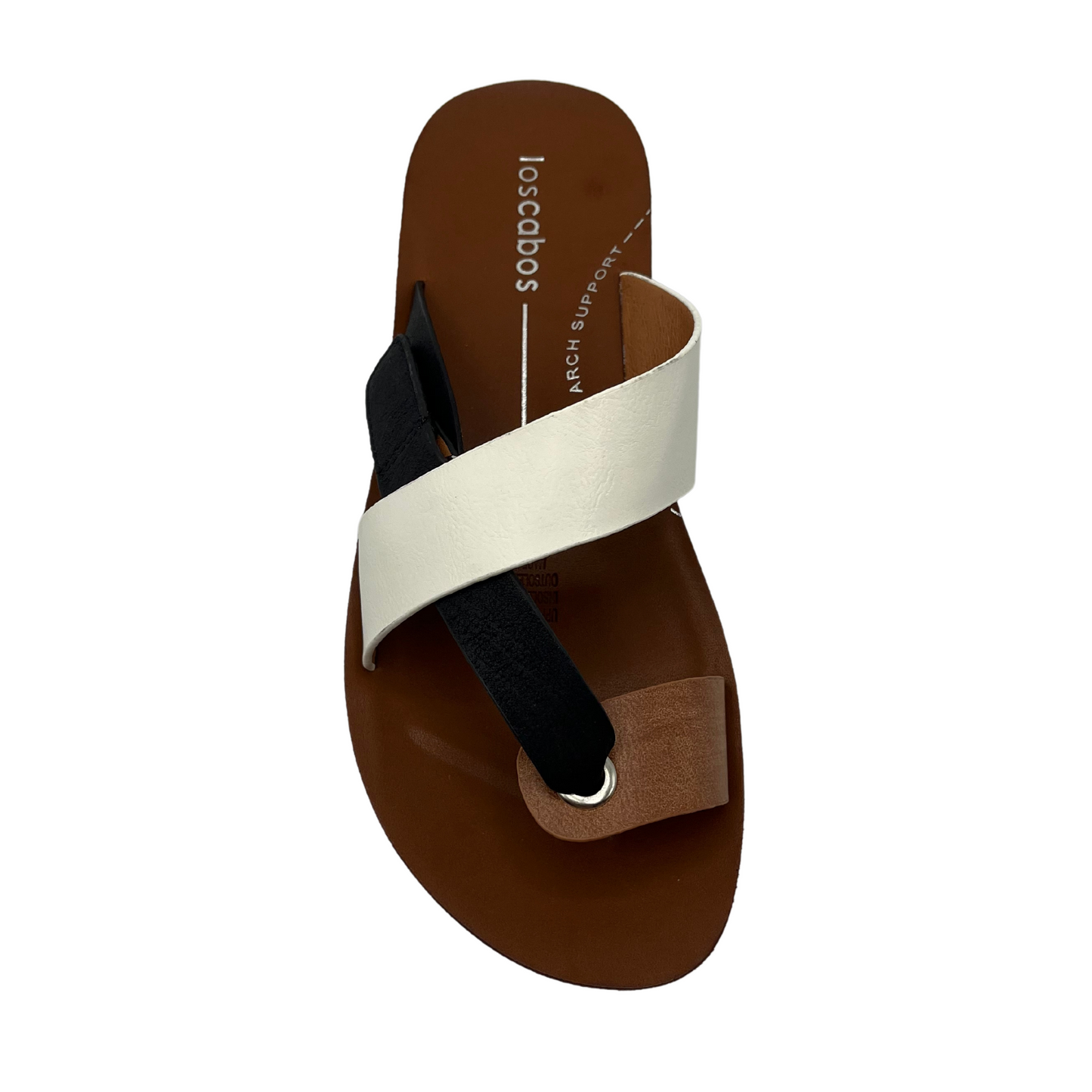 Top view of black and white strapped sandal with toe strap and velcro closure