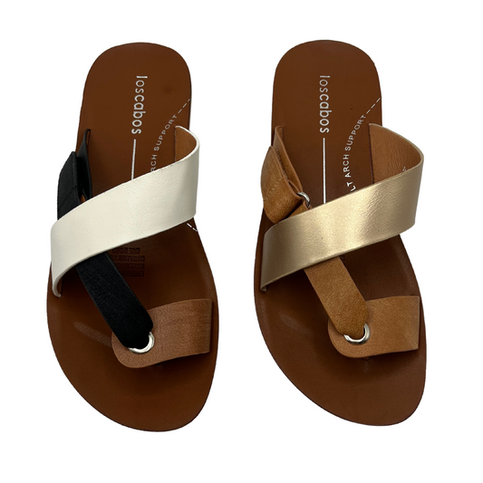 Top view of two sandals side by side. Cross over strap design with toe strap and brown insole