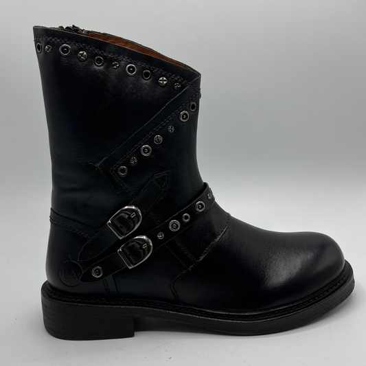 Black leather boot with buckles on a gray background