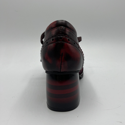Black and red patterned shoe on a white background