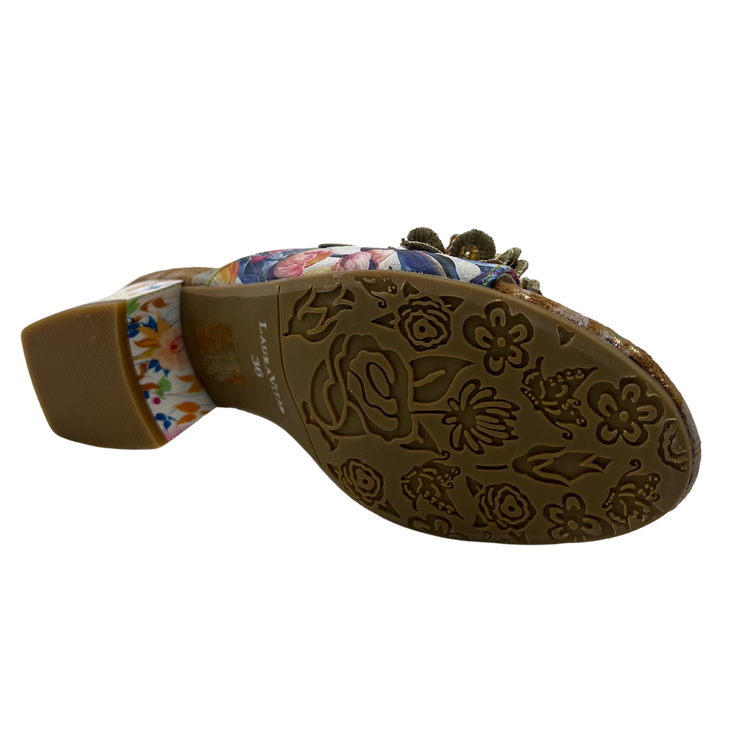 Bottom view of floral slip on sandal with flower accents on upper. Open toe and block heel