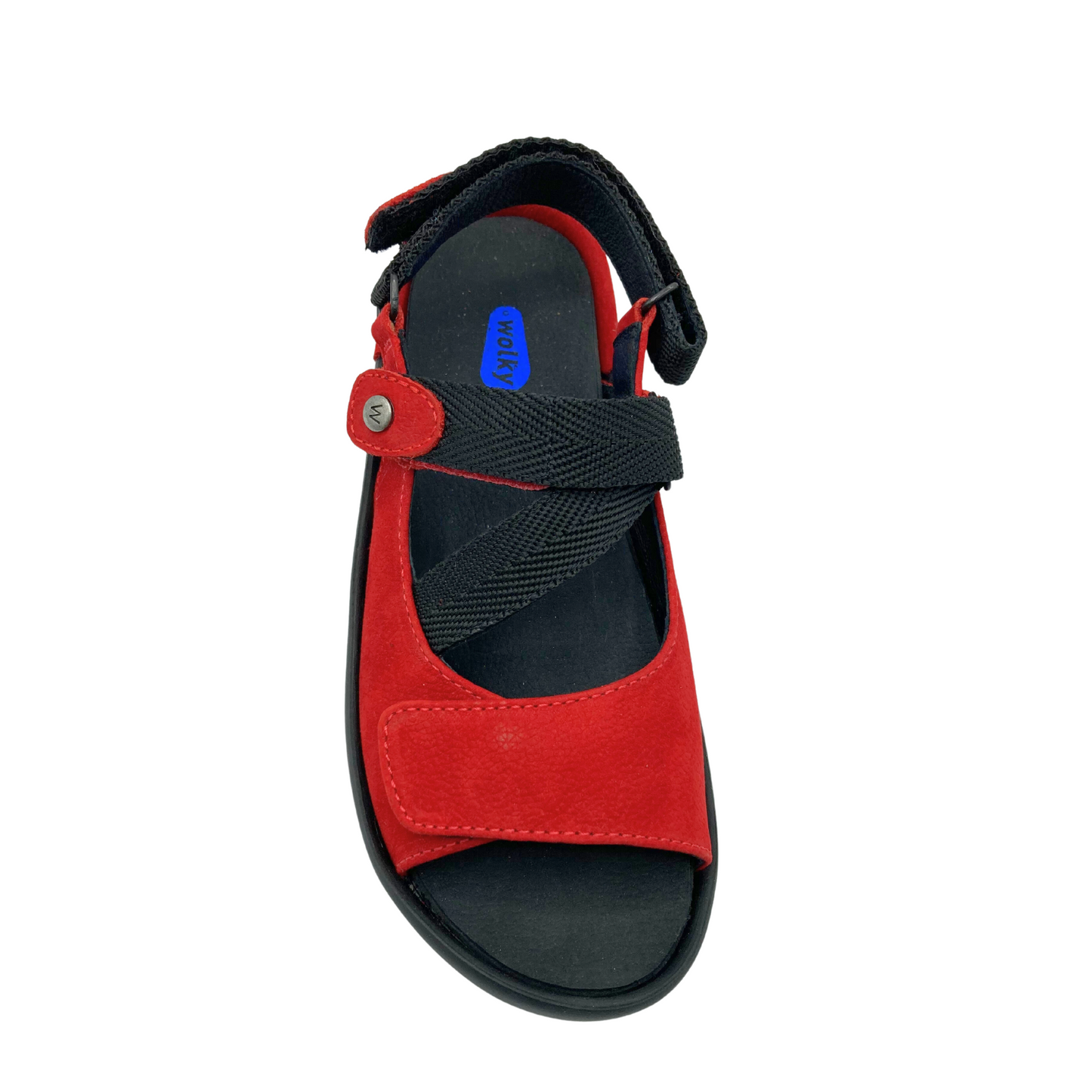 Top down view of a red leaher sandal.  Fully adjustable - velcro at front strap, cross over strap at midfoot pulls tight at outside, heel strap has velcro adjustment
