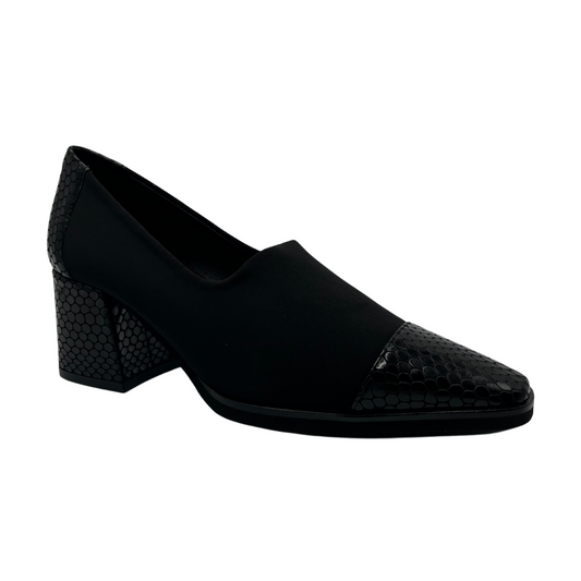 45 degree angled view of black suede pump with croc print toe cap and wrapped heel