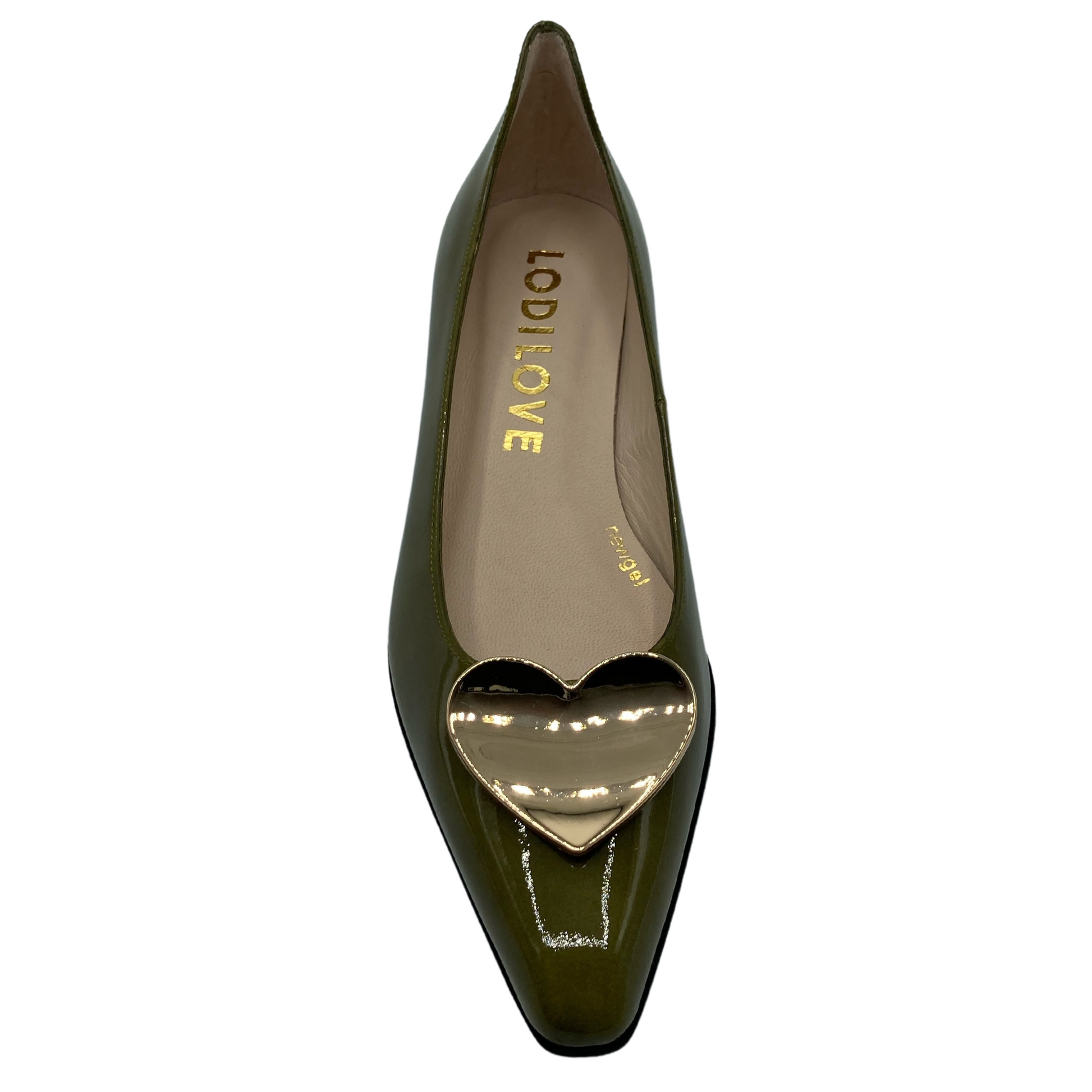 Top view of green patent leather ballet flat with gold heart detail on upper and pointed toe