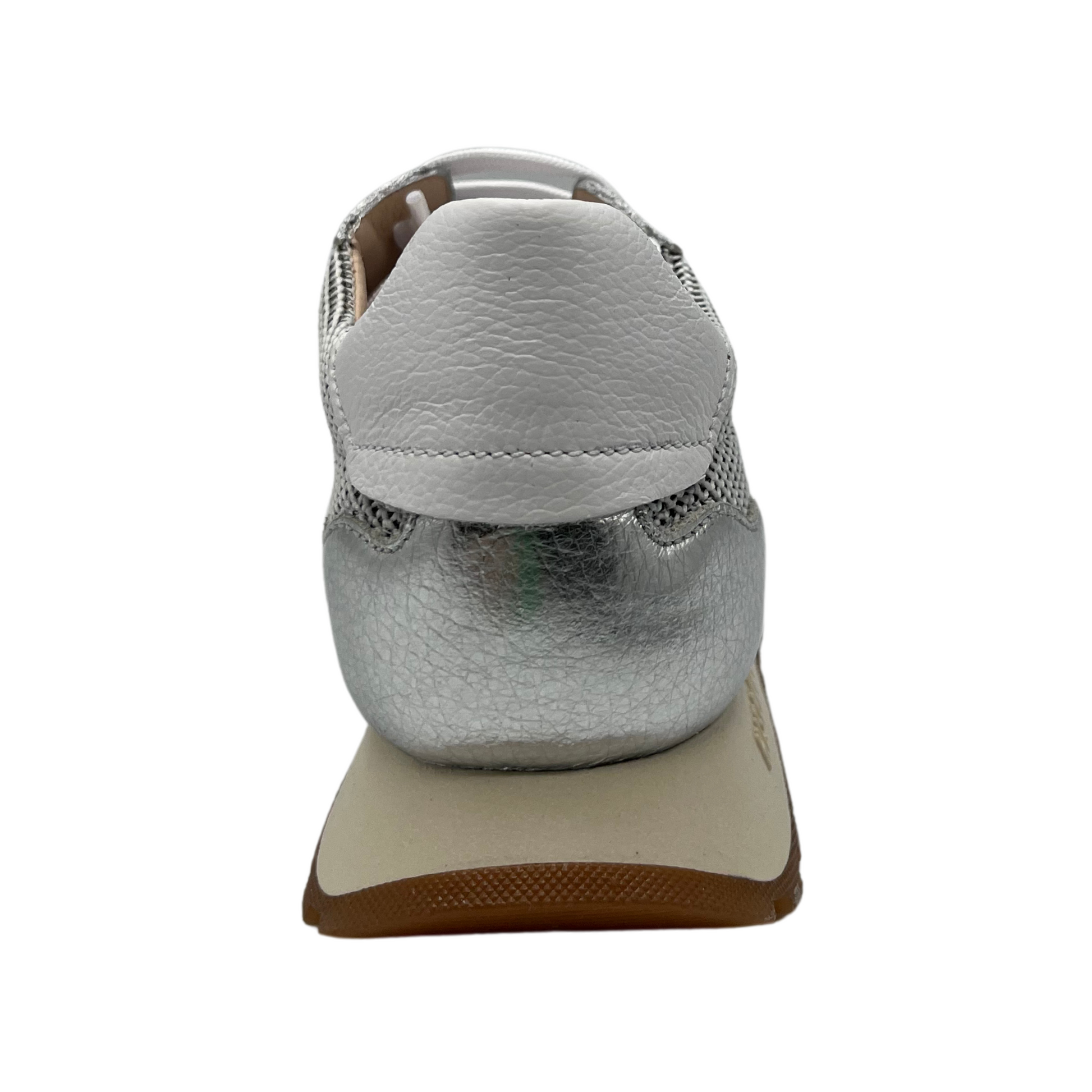 Back view of silver and white leather sneaker with non-slip sole and leather lining.