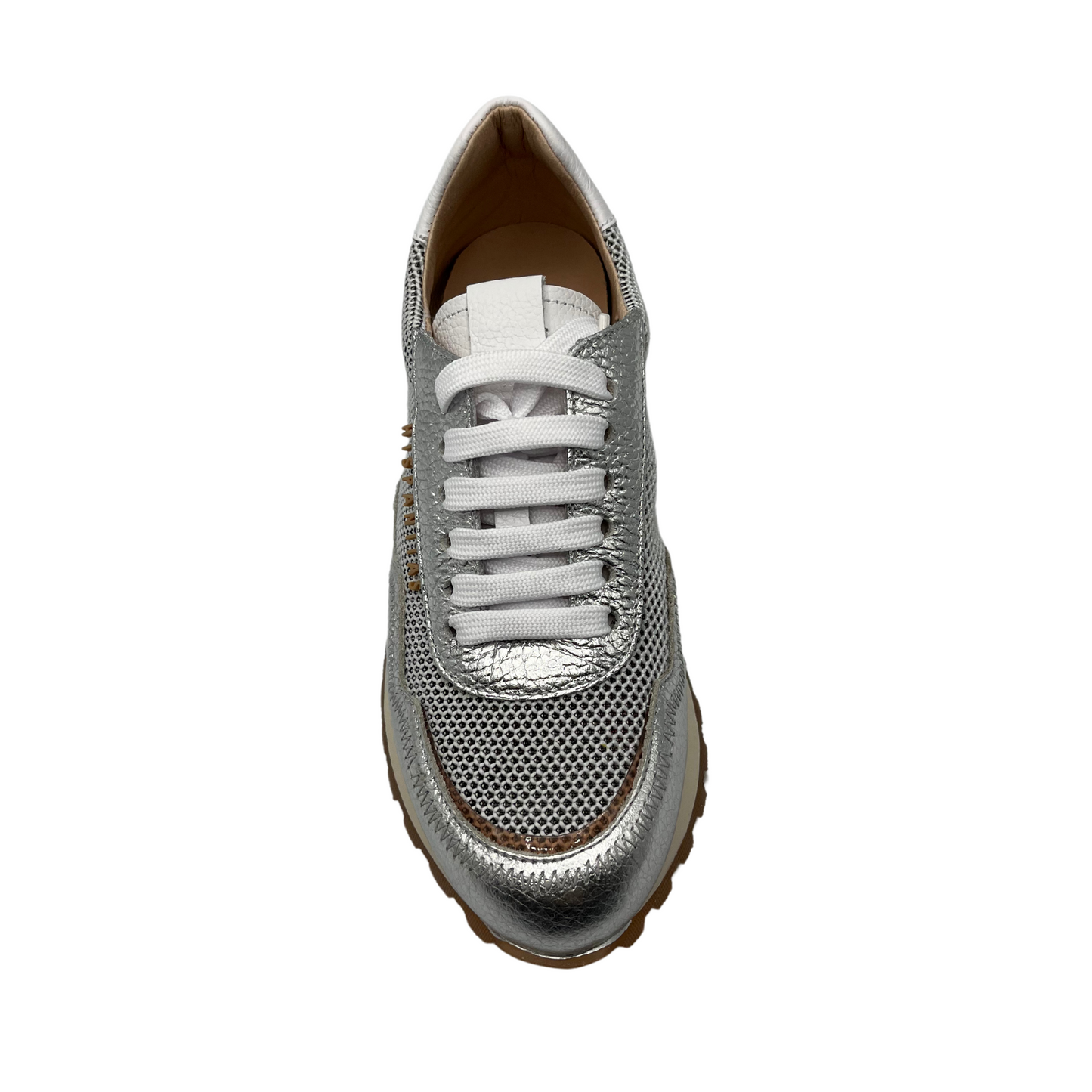 Top view of silver and white leather sneaker with non-slip sole and leather lining.